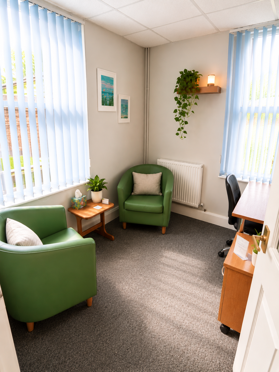 MTCIC session room with soft armchairs, calming light and greenery
